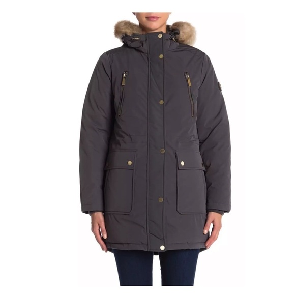 Michael Kors Jackets & Blazers - MICHAEL KORS Gunmetal Down Puffer Faux Fur Trim Hood Anorak Jacket Size XS NWT